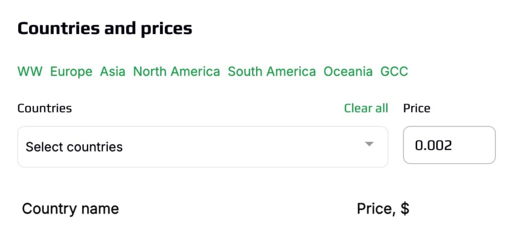Countries and prices