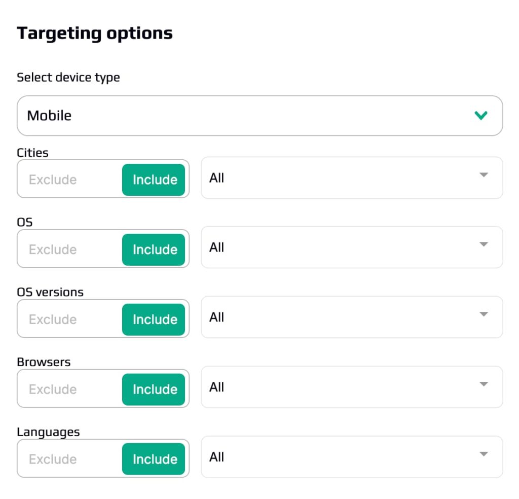 EpicAds targeting options