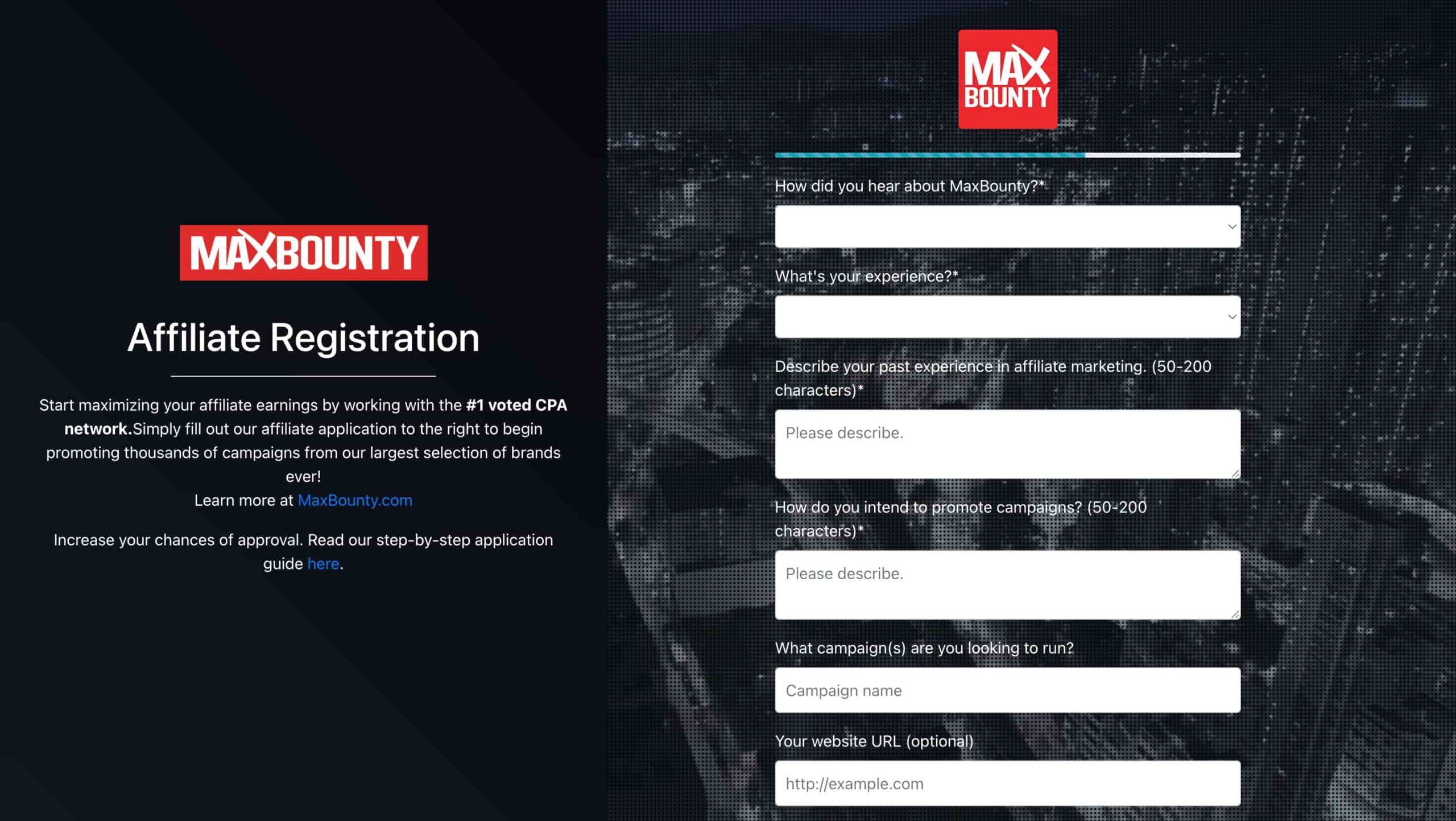 MaxBounty. Example of an application form